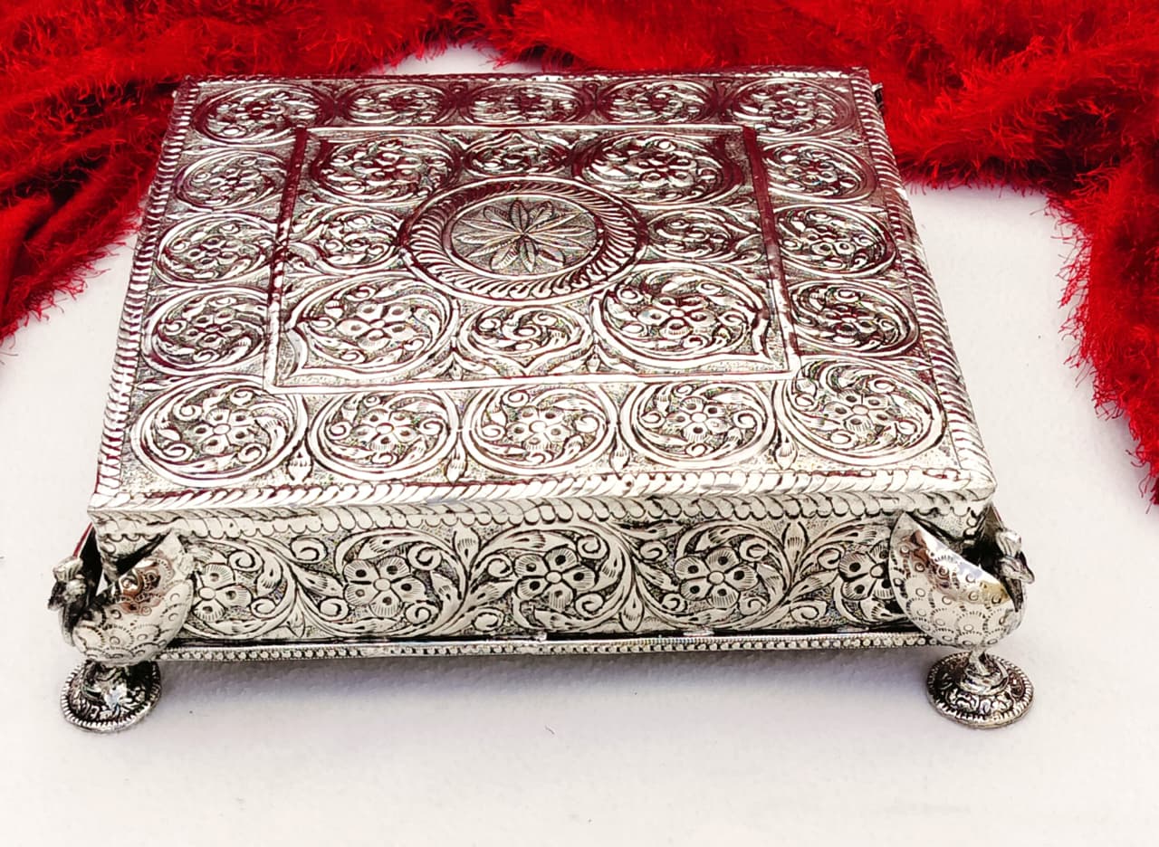 Antique finish German silver square chowki/ singhasan/ stool for housewarming pooja/ diwali